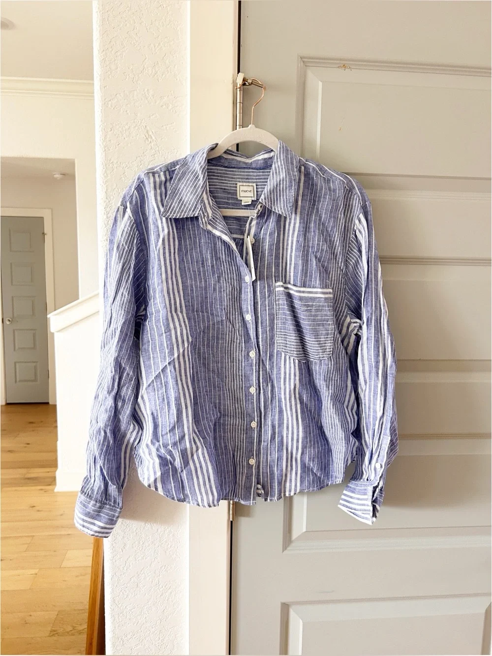 NWT Anthropologie Maeve Shrunken Bennet Linen Buttondown Shirt Blue Stripe - Picture 6 of 8